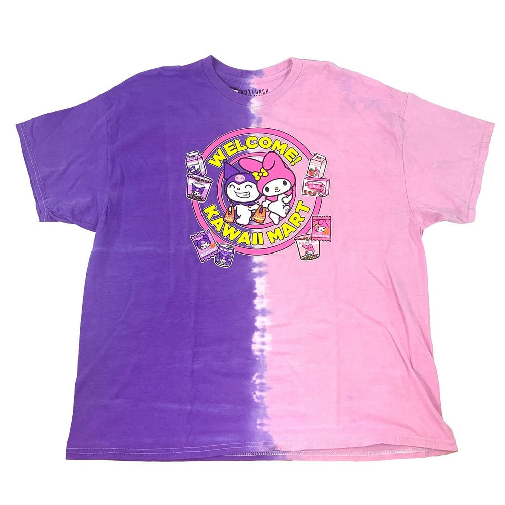 My Melody Kuromi Welcome! Kawaii Mart T Shirt Sz XL Pink Purple Split Tye Dye